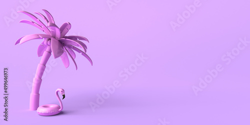 Summer vacation concept with flamingo float and palm tree. Copy space. 3D illustration. photo