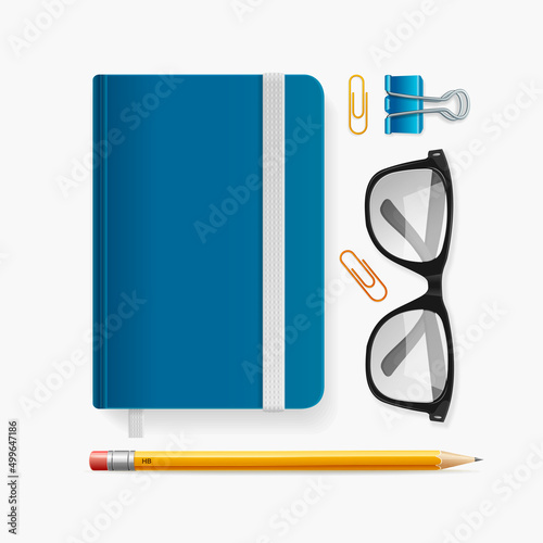 Realistic Detailed 3d Notebook with Elastic Band and Glasses Set. Vector