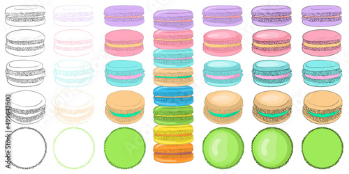 Macaron or French macaroon.   akes illustration set.Different types of sweet pastries. Tradicional French sweet treat drawing. Cute hand drawn vector illustration.