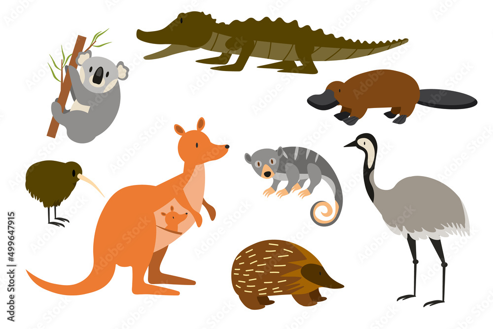 Obraz premium Australian animals in cute cartoon vector set. Funny illustrations of rare and unique fauna of Australia EPS