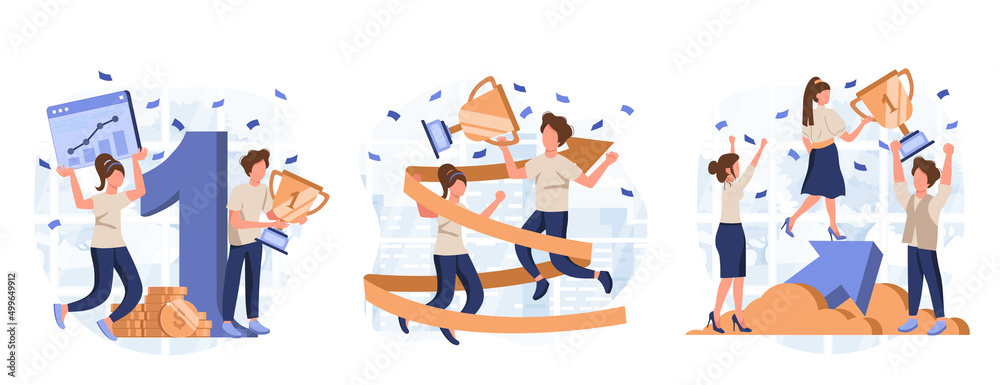 Business award collection of scenes isolated. People celebrating success, achieving goals and win, set in flat design. Vector illustration for blogging, website, mobile app, promotional materials.
