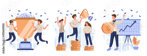 Business award collection of scenes isolated. People celebrating success, achieving goals and win, set in flat design. Vector illustration for blogging, website, mobile app, promotional materials. 