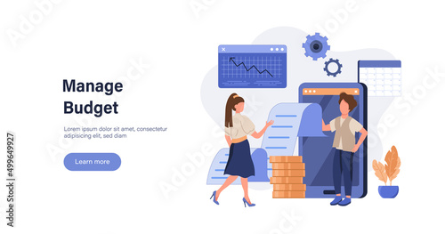 Characters manage finances. People calculating and analyzing personal or corporate budget, managing financial income, consulting with accountant. Flat cartoon vector illustration