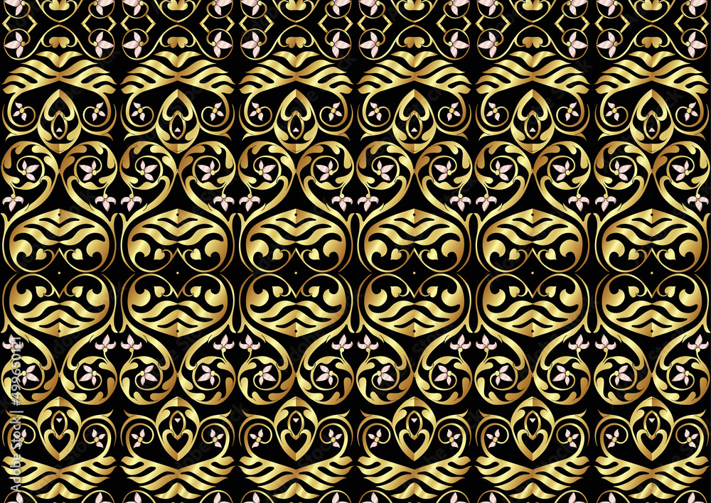 Interlacing abstract ornament in the medieval, romanesque style. Seamless pattern, background in gold and black. Vector illustration. Interlacing abstract ornament in the medieval, romanesque style. Seamless pattern, background in gold and black. Vector illustration.