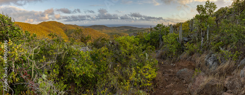 Sunrise over Christoffel National Park during the hike up to the top of Christoffel mountain on the Caribbean island Curacao - panorama