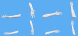 Set of white concrete statue hand renders isolated on blue, lights and shadows distribution example for artists or painters - 3d illustration of objects