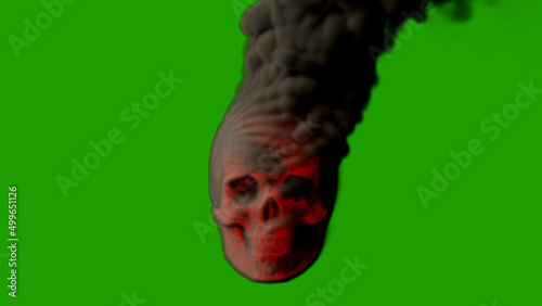 Grey scary burning man skull on chroma key screen with fire - war concept, isolated - object 3D rendering
