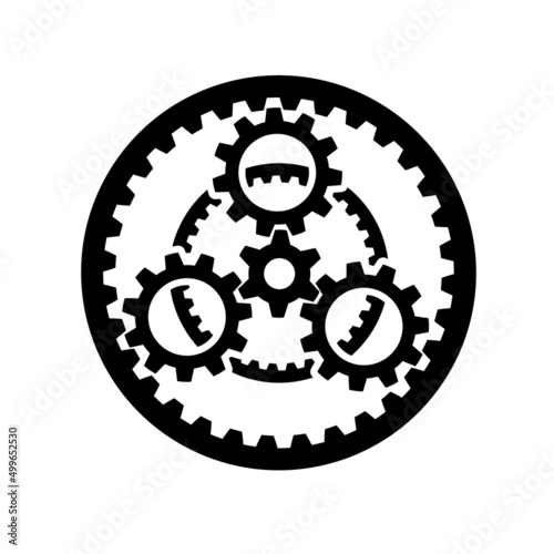 Gear transmission with up and down speed. Gearbox rotation. The principle of movement and conjugation. Precision transmission mechanism simple style detailed logo icon vector illustration isolated