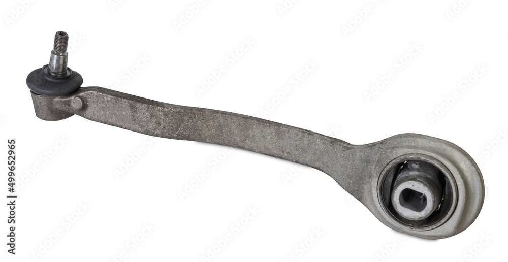 Curved metal chassis arm lever with ball and rubber-metal joint with bushings - silent block on a white isolated background. Detail for suspension repair in a workshop or garage Curved metal chassis arm lever with ball and rubber-metal joint with bushings - silent block on a white isolated background. Detail for suspension repair in a workshop or garage
