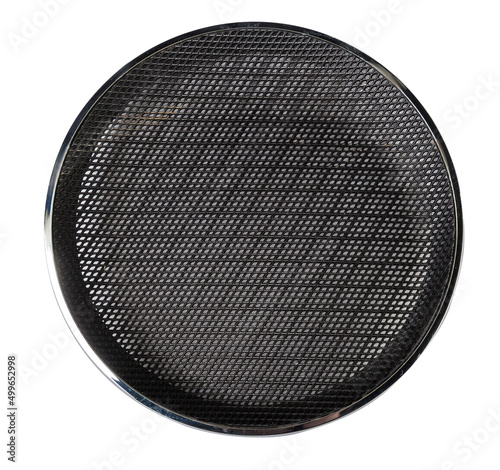 Stylish car audio acoustic round speaker with waffle grill protector cover on white background closeup. Auto spare parts catalog