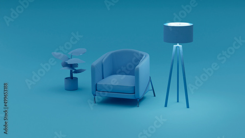3d illustration, armchair, lamp and pot, 3d rendering
