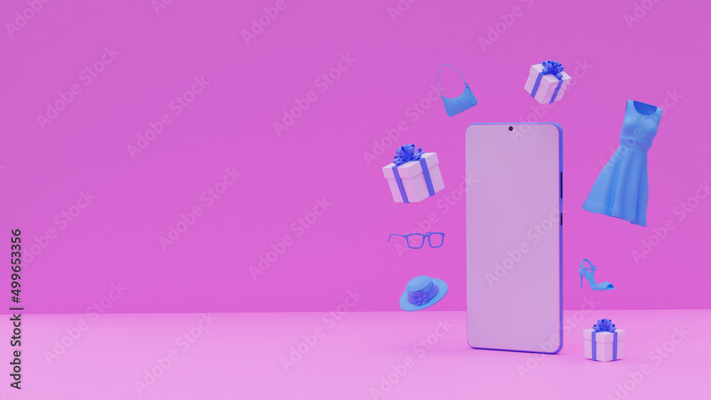 3d illustration, gift boxes, dress, bag, shoes, hat and glasses, copy space 3d rendering