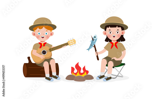 Happy cute little kid wear boy scout honor uniform, children girl scout cartoon flat character isolated vector illustration on white background