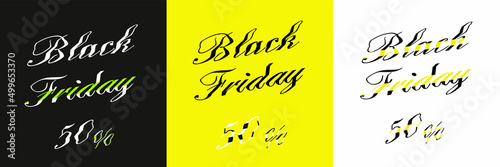 Black Friday 50% price off isometric font abc letters 3D vecot set advertising banners. Promotion discount low price poster illustration. 