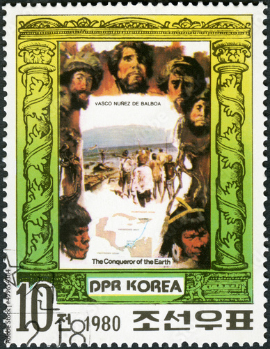 NORTH KOREA - 1980: shows Vasco Nunez de Balboa (1475-1519), Explorers, Conquerors of the Earth, 1980