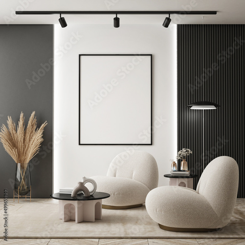 mock up poster frame in modern interior background, living room, Scandinavian style, 3D render, 3D illustration