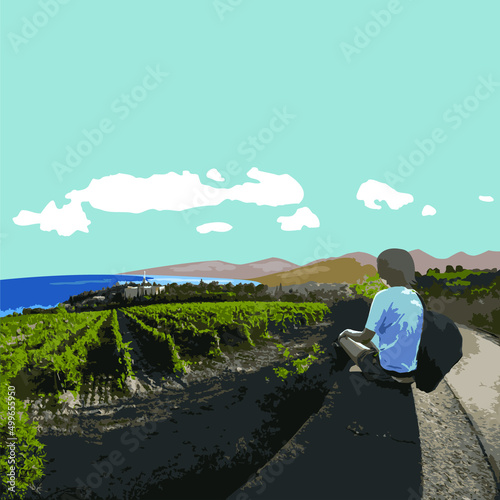 A tourist at sunset in Yalta, in Crimea, looks at the mountains and the sea and vineyards. Vector art.