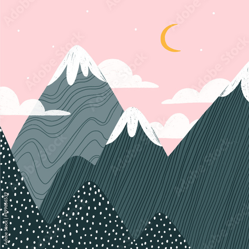 Pink sky and grey mountains nordic vector landscape