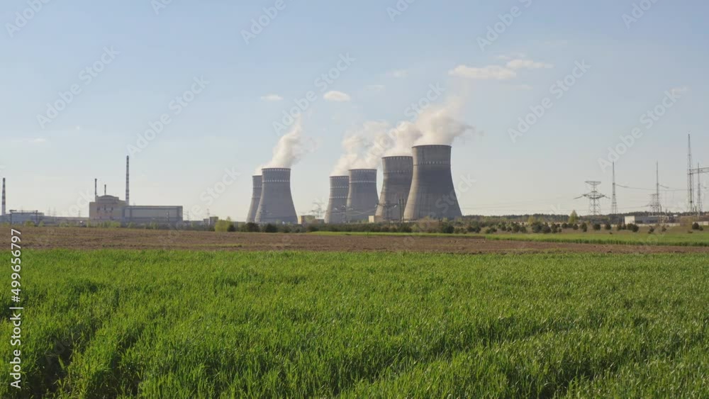 Top aerial view to nuclear power plant. Atomic power stations sources of electricity Top aerial view to nuclear power plant. Atomic power stations sources of electricity