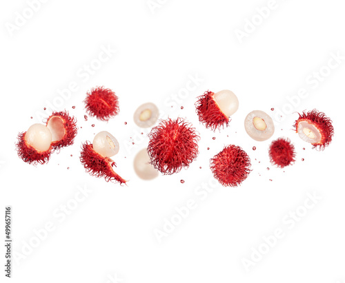 Whole and chopped rambutan fruits in the air on a white background photo