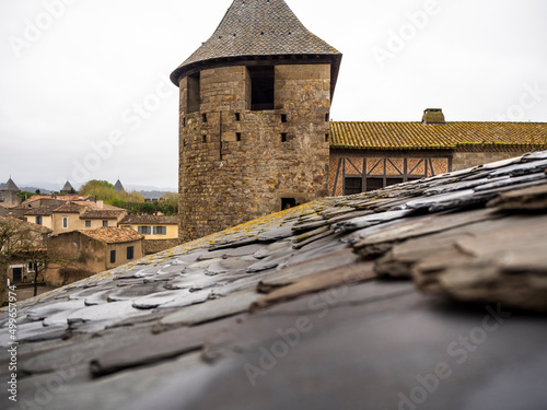 imagen del tejado de pizarra con moho amarillo y una de las torres del castillo de Carcassonne 