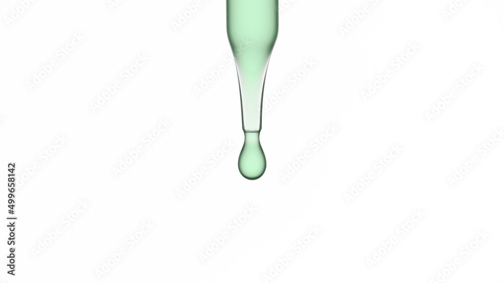 Drop of green transparent fluid is hanging from lab dropper on white background | Abstract face care serum ingredients formulation concept Drop of green transparent fluid is hanging from lab dropper on white background | Abstract face care serum ingredients formulation concept