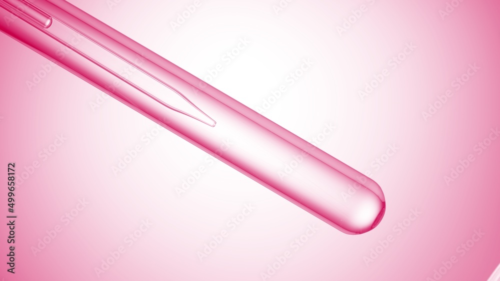 Inclined test tube with transparent liquid and lab dropper inside on pink radial gradient background | Abstract body care cosmetics formulation concept Inclined test tube with transparent liquid and lab dropper inside on pink radial gradient background | Abstract body care cosmetics formulation concept