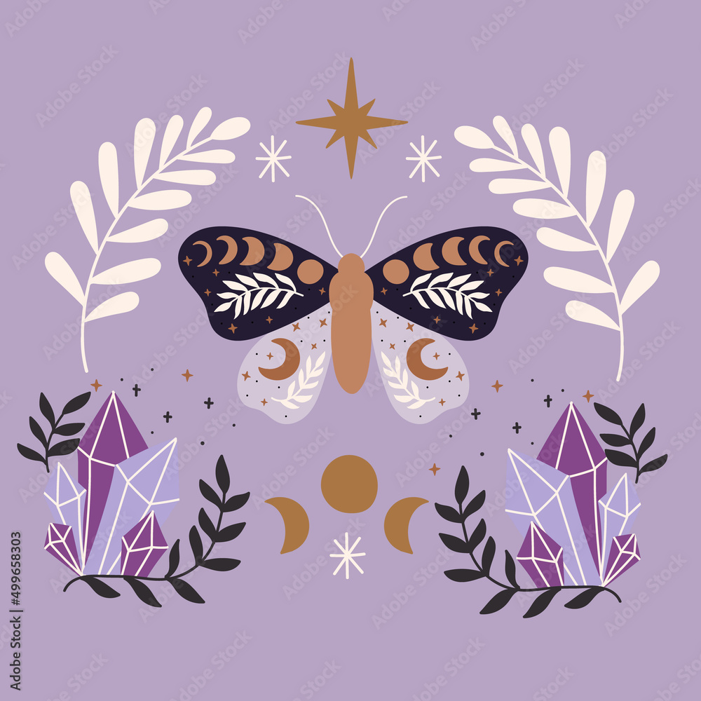 Composition of mystic moth. Decorated with magic elements, flowers, moons and stars. Composition of mystic moth. Decorated with magic elements, flowers, moons and stars.