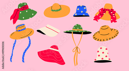 Set of hand drawn summer hats. Sun protection and classic beach accessory.
