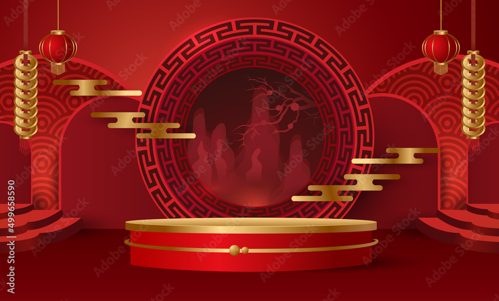 Podium and background for 
Chinese new year,Chinese Festivals,  Mid Autumn Festival , flower and asian elements on background.