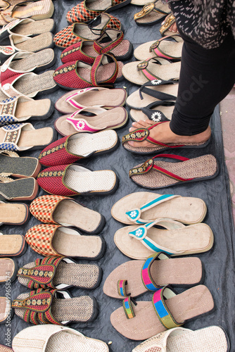 KOLKATA, WEST BENGAL , INDIA - DECEMBER 12TH 2014 : Handmade jute shoes on display, handicrafts show during Handicraft Fair in Kolkata - the biggest handicrafts fair in Asia.