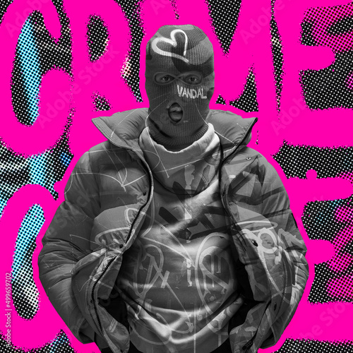 Contemporary art collage. Black and white man wearing balaclava isolated over gray background with pink crime lettering