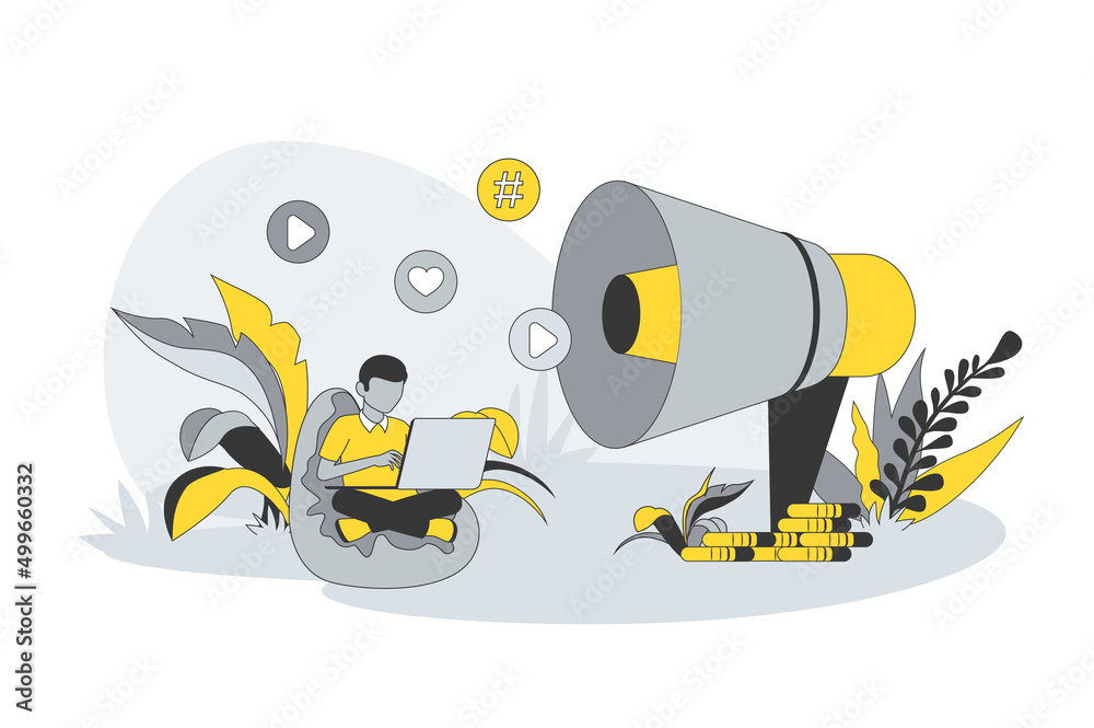 Advertising and promotion concept in flat line design. People networking and seeing online advertisement, broadcasting and promotion in social media. Vector illustration with outline scene for web Advertising and promotion concept in flat line design. People networking and seeing online advertisement, broadcasting and promotion in social media. Vector illustration with outline scene for web