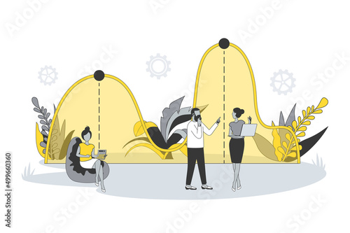 Data analytics concept in flat line design. People research statistics and financial graph, work with information, improvement and optimization strategy. Vector illustration with outline scene for web
