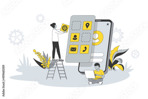 App development concept in flat line design. People create and optimize applications, place multimedia buttons on interface layout, settings software. Vector illustration with outline scene for web