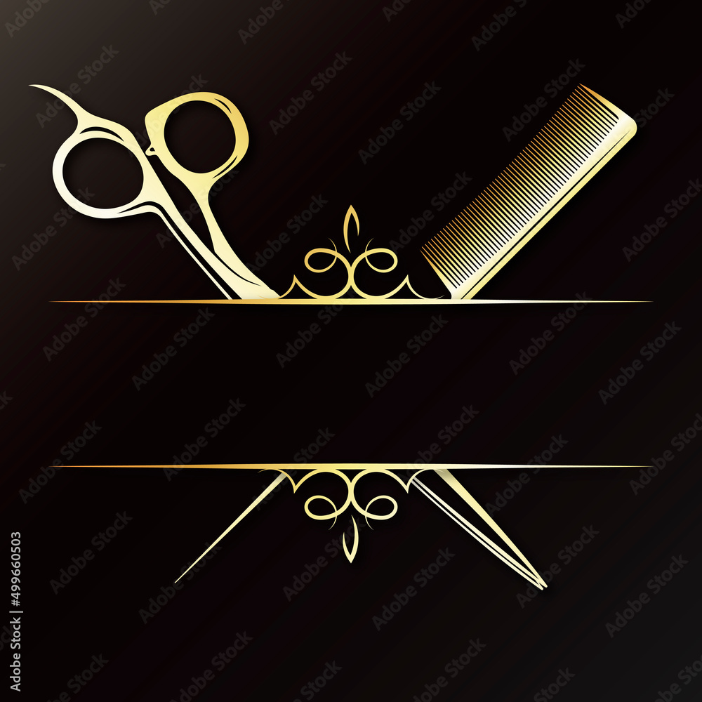 Beauty salon and hair care gold symbol. Scissors and comb design for