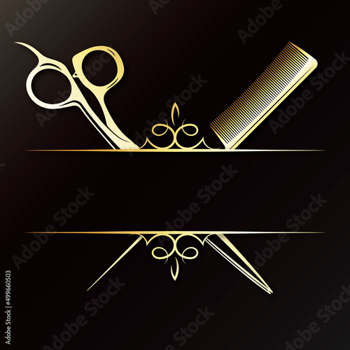 Beauty salon and hair care gold symbol. Scissors and comb design for stylist