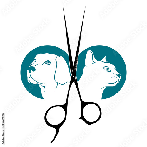 Grooming and pet care. Scissors silhouette and cat dog. Symbol for grooming