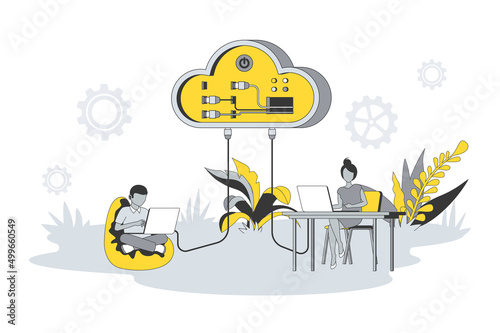 Cloud computing concept in flat line design. People upload files to cloud storage, processing data, create backups, using database and hosting server. Vector illustration with outline scene for web