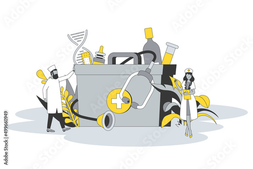Medicine concept in flat line design. People receive medical services, doctor and nurse consult and diagnose patients, prescribe medicines and treatment. Vector illustration with outline scene for web