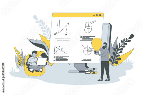 Online education concept in flat line design. People learning online lessons and watch webinars, study remotely, improve professional skills at training. Vector illustration with outline scene for web