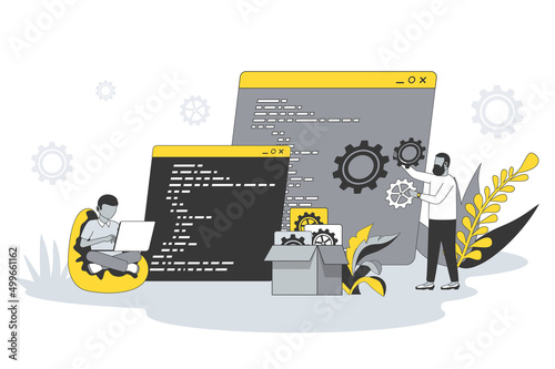 Software development concept in flat line design. People write code, settings and testing, developing programs and applications, working at IT industry. Vector illustration with outline scene for web