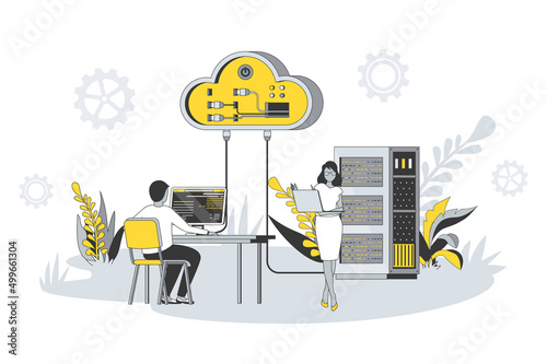 Web hosting concept in flat line design. People working at data center server, using cloud technology, administration, repair software and tech support. Vector illustration with outline scene for web