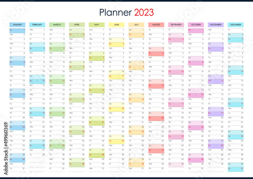 Planner calendar for 2023. Wall organizer, yearly planner template. Vector illustration. Vertical months. One page. Set of 12 months. English language.