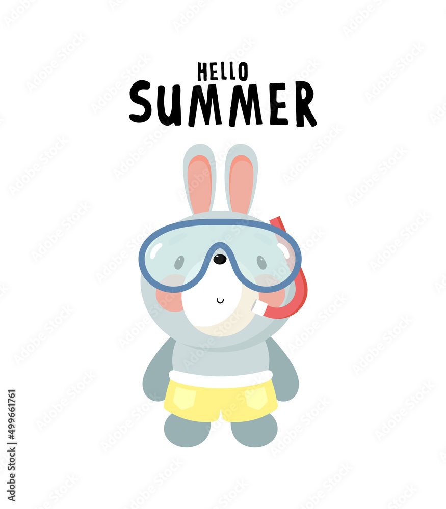 Cute Rabbit with Swimming Mask. Cartoon style. Vector illustration. For card, posters, banners, books, printing on the pack, printing on clothes, fabric, wallpaper, textile or dishes.