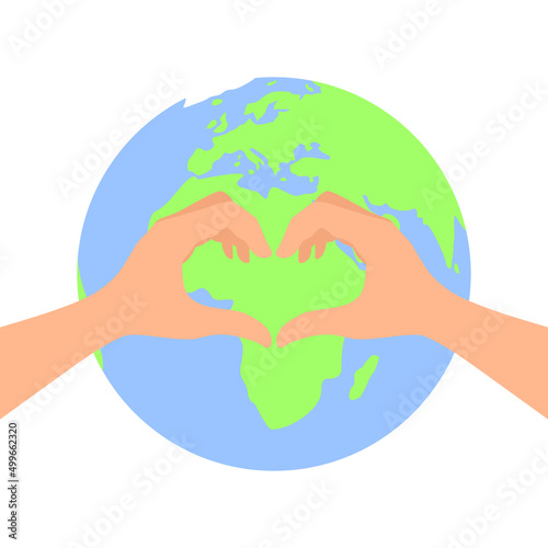 Two hands make a heart sign in front of the planet Earth. The concept of love and care for the Earth