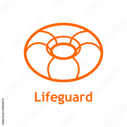 Logotipo salvamento. Icono plano silueta de anillo salvavidas en perspectiva con líneas con texto Lifeguard en color anaranjado