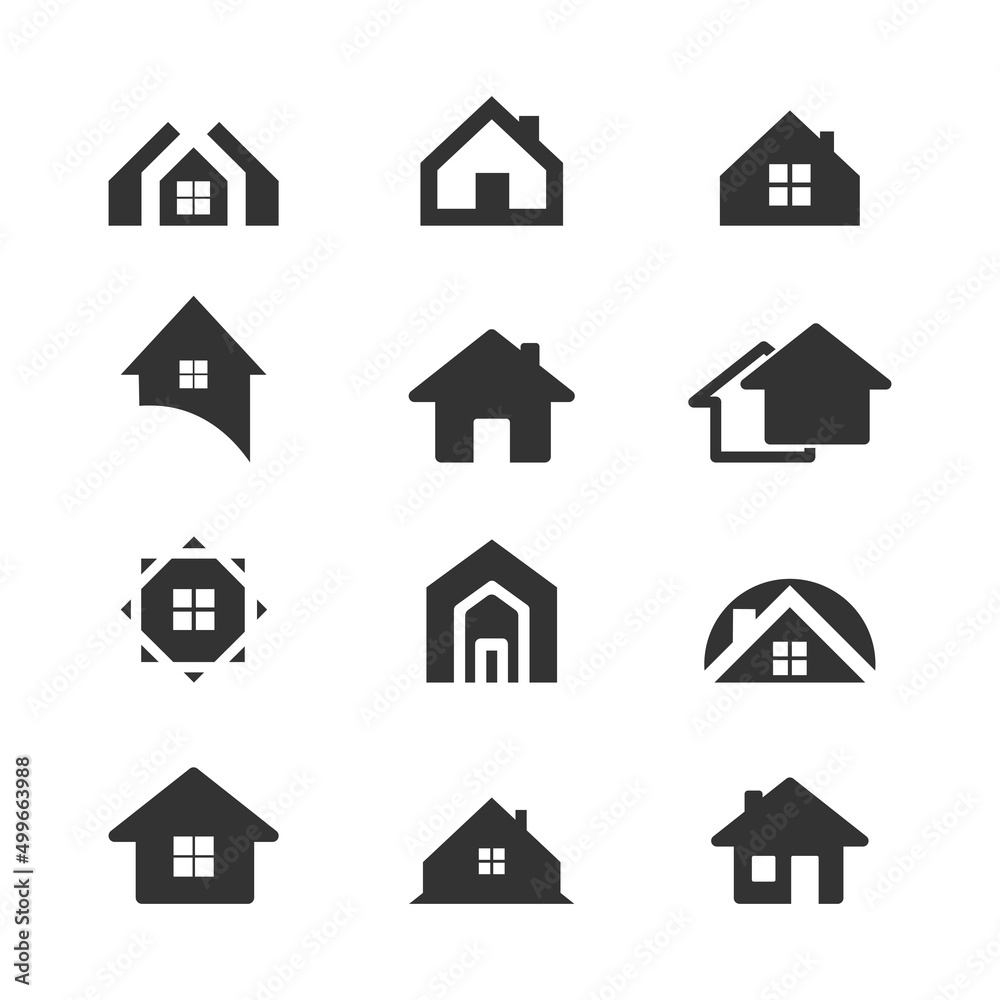 Set of  houses. Home symbol collection. Buildings group silhouettes. Real estate pictograms. Property sign. Vector isolated on white.