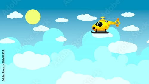 Helicopter yellow close-up flies against the background of a blue sky with clouds and the sun. Abstract looped animation with drawn elements.