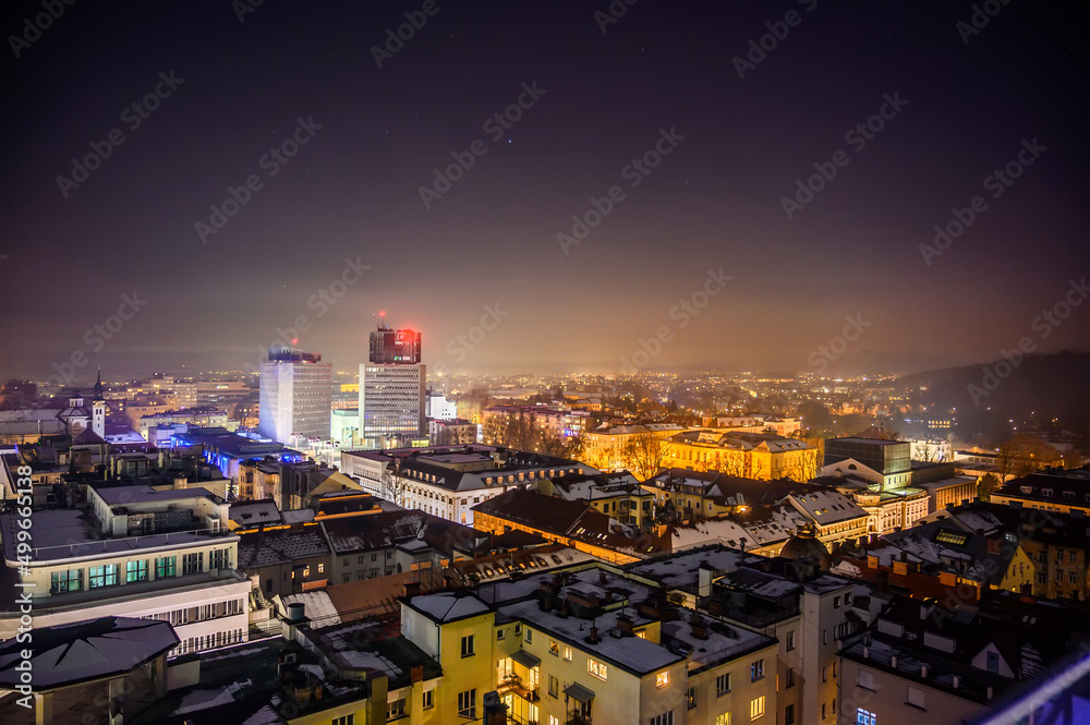 Landscape aerial view over the the city of Ljubljana at night